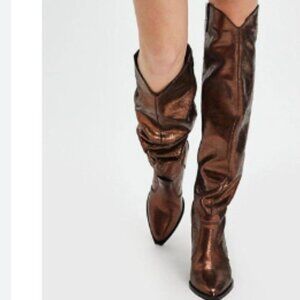 new Free People LEATHER Triple Crown Over the Knee Boot Bronze Metallic